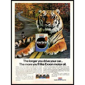 1984 Exxon Extra Motor Oil Vintage Print Ad Tiger Autumn Fall Leaves Wall Art